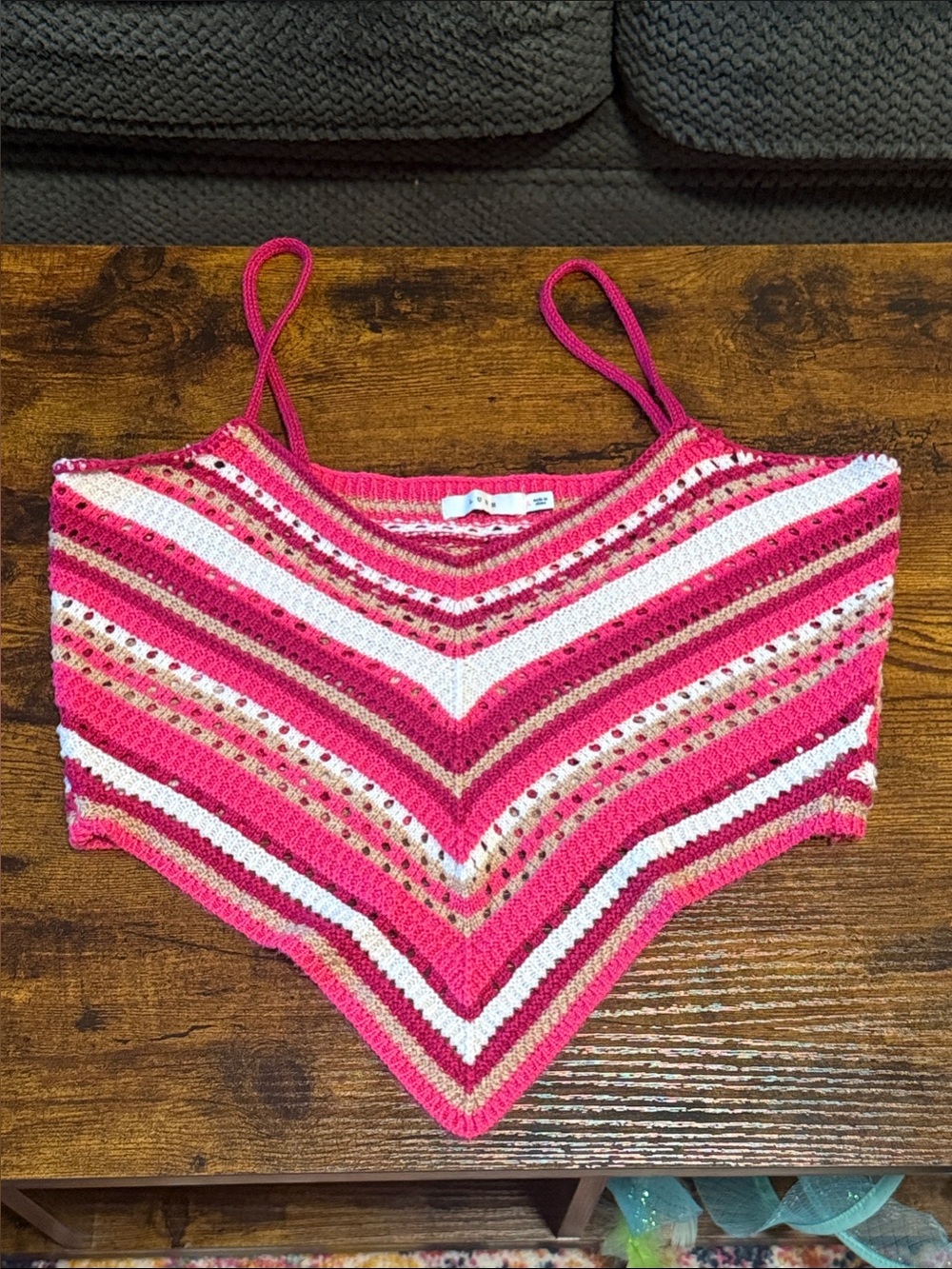 Lush Pink, White & Brown Striped Crochet Pointed-Hem Crop Tank